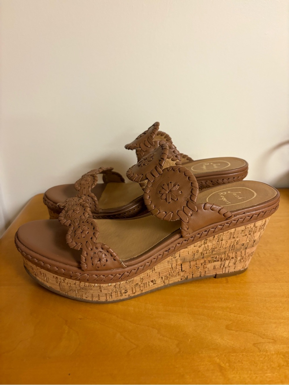 Jack Rogers Women’s Tan Leather Wedge Sandals with Cork Platform